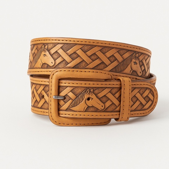 Leather tan belt horse weave 38 - Picture 1 of 5